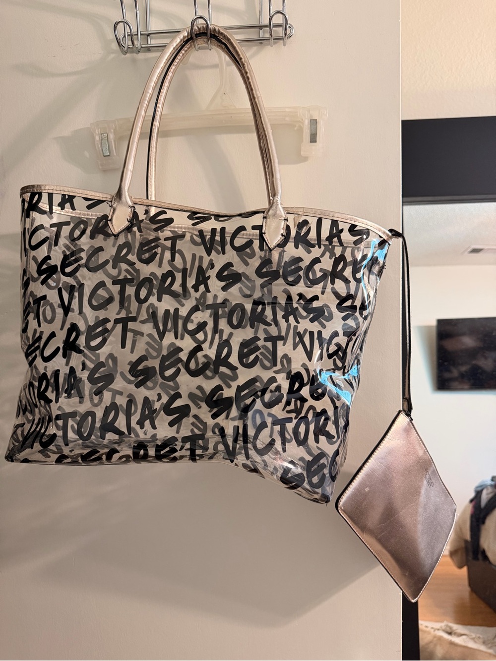 Victoria's Secret Clear Logo Tote with Metallic Rose Gold Pouch